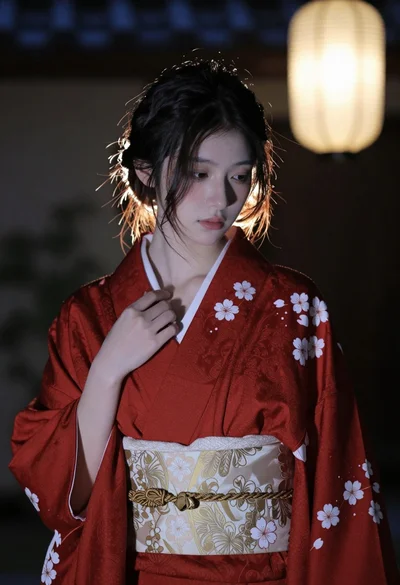 Young east asian woman in red kimono standing indoors with soft lantern