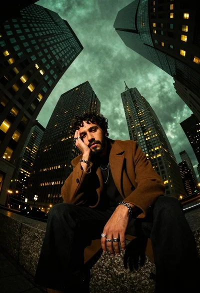 Man in brown overcoat sitting on stone ledge in city at night