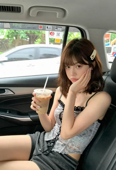 Young woman with brown hair in car seat holding coffee drink