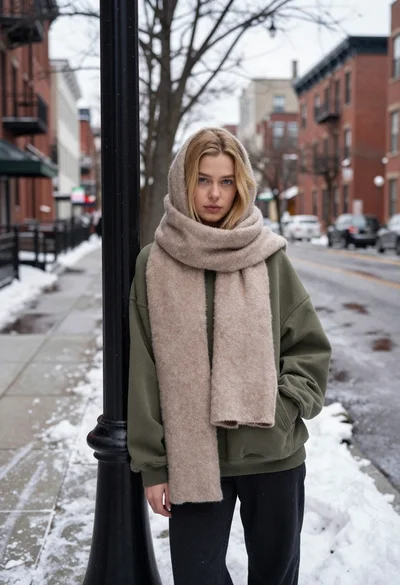 Young blonde woman in olive sweatshirt leaning on lamp post in snowy