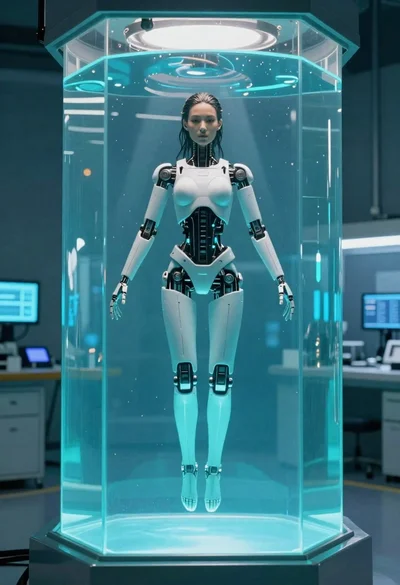 Android suspended in glowing cyan liquid laboratory setting