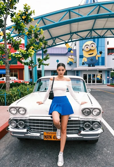 Young woman posing on vintage white car in theme park setting