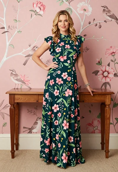 Blonde woman in dark floral gown against pink wallpaper backdrop