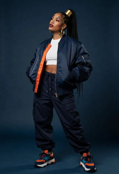 Full length studio portrait of woman in navy bomber jacket and cargo