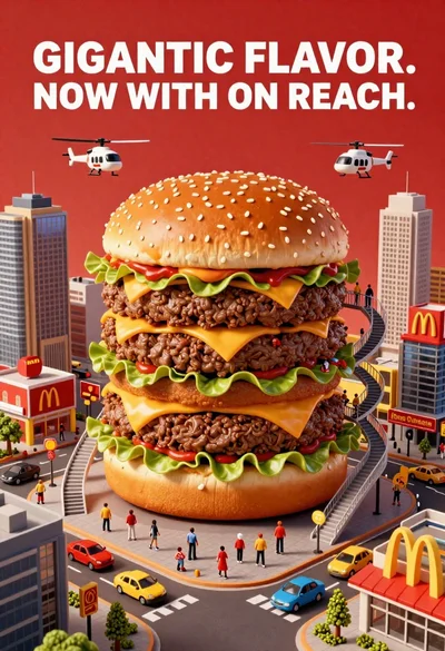 Surreal cityscape with colossal hamburger skyscraper and miniature people