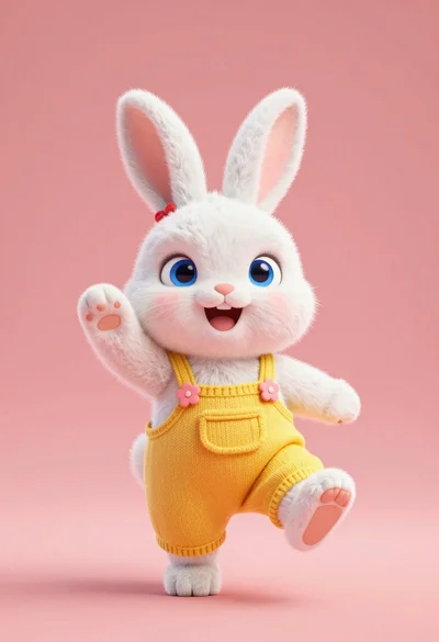 Fluffy white bunny rabbit in yellow overalls waving against coral pink background