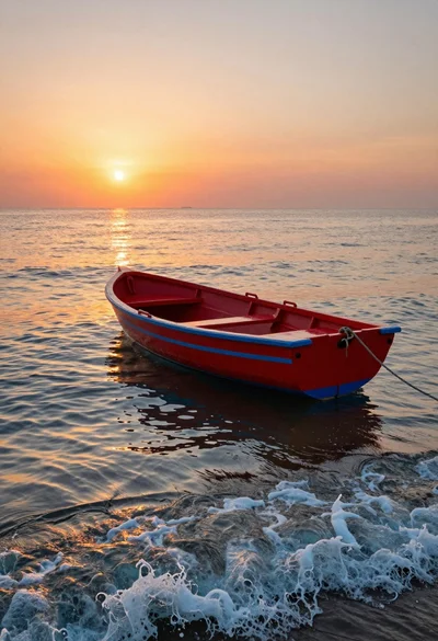 Red rowboat floating peacefully on calm ocean waters during a vibrant sunset