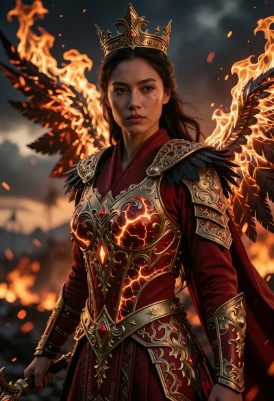 Majestic female warrior in ornate armor standing on a fiery battlefield