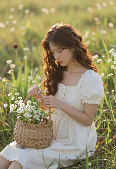 Young woman in cream dress holding flower basket in sunlit meadow