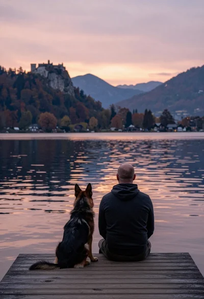 Bald man and german shepherd dog sitting on wooden dock overlooking serene