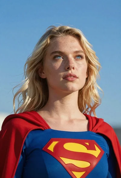 Superhero woman portrait with blonde hair on blue background