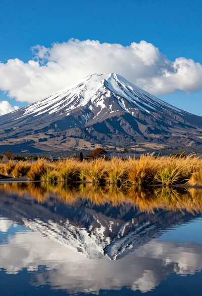 Majestic snowcapped volcano reflected in calm water under vivid blue sky