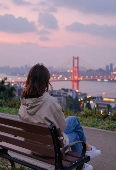 Girl on park bench overlooking city and bridge
