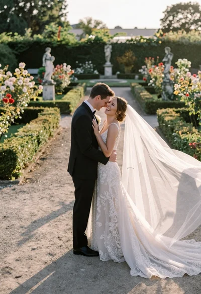 Wedding couple embracing in formal garden at golden hour