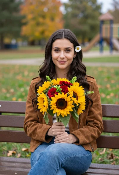 Young woman with dark hair holding sunflowers on a wooden park bench