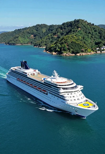 High angle aerial view of white cruise ship near lush green tropical