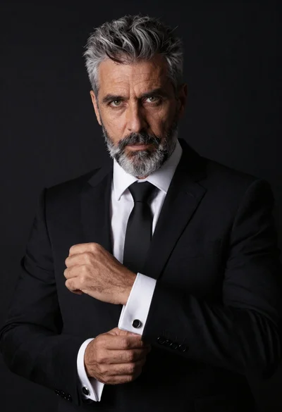 Studio portrait of man in black suit and white shirt