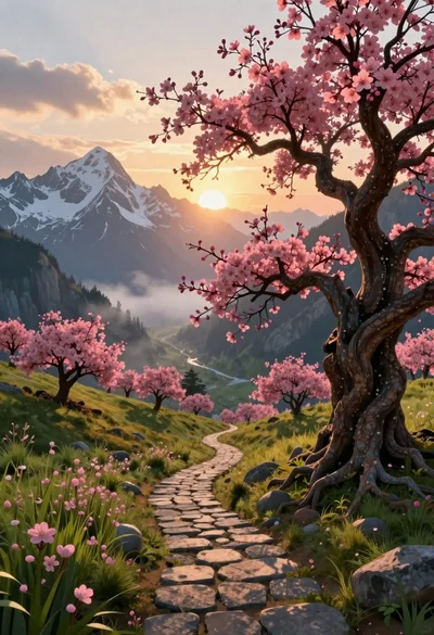 Fantasy mountain landscape with ancient tree at sunrise