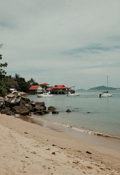 Tropical bay scene with red roof buildings pier and anchored boats