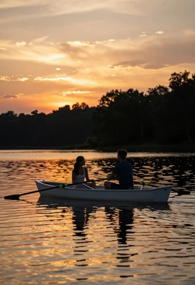 Couple in white rowboat gazing at each other during vibrant sunset over