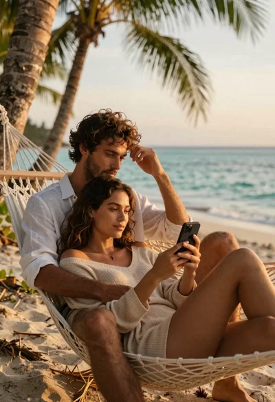 Romantic couple relaxing in a hammock on beach at sunset