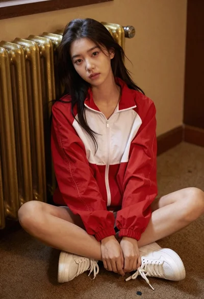 Young woman in red jacket seated indoors near golden radiator