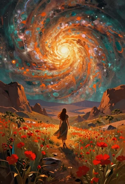 Girl on hillside field under cosmic vortex sky
