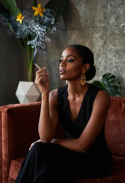 Portrait of woman with cigarette smoke in dimly lit room