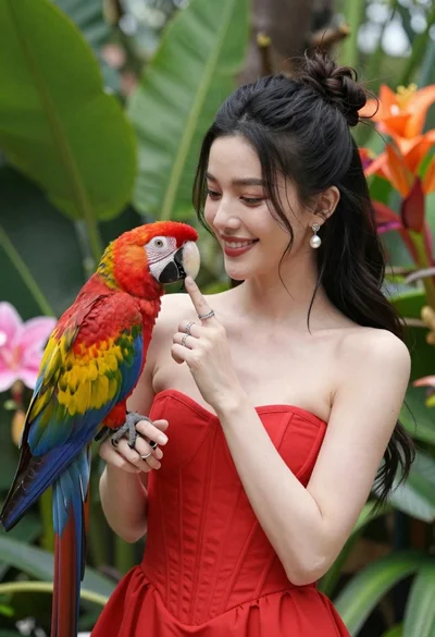 Smiling woman in red dress holding colorful macaw parrot in tropical garden