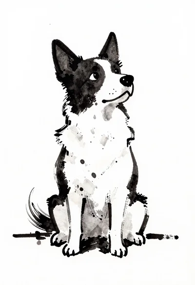 Ink wash sketch of a stylized sitting dog