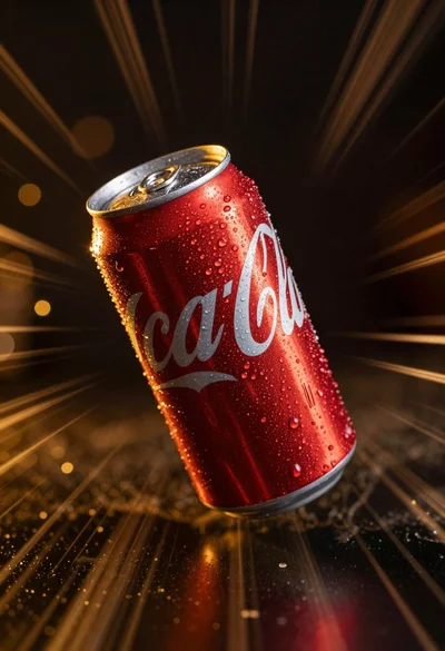 Red aluminum soda can tumbling through space with radial blur