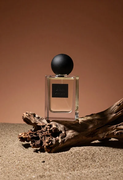 Minimalist perfume bottle on driftwood and sand