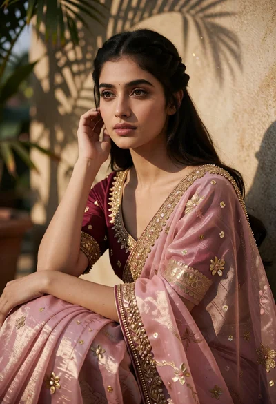 Young woman in pink saree seated against textured wall with palm leaf