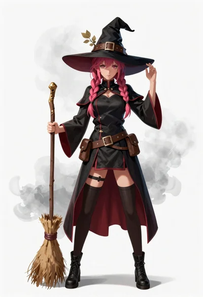 Witch in black dress holding broomstick against white background