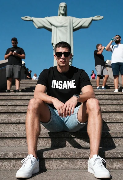 Man in black tshirt sitting on stone stairs near statue