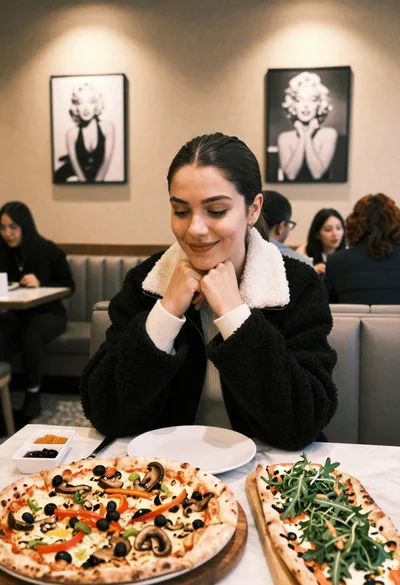 Young woman smiling at table with pizzas in modern restaurant setting