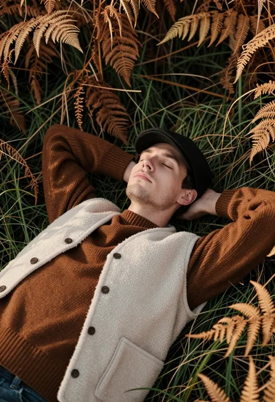 Young man resting in tall dry ferns wearing knit sweater outdoors