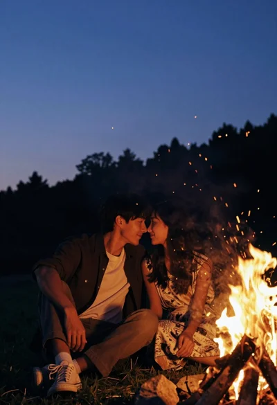 Romantic couple touching noses near campfire under deep twilight sky