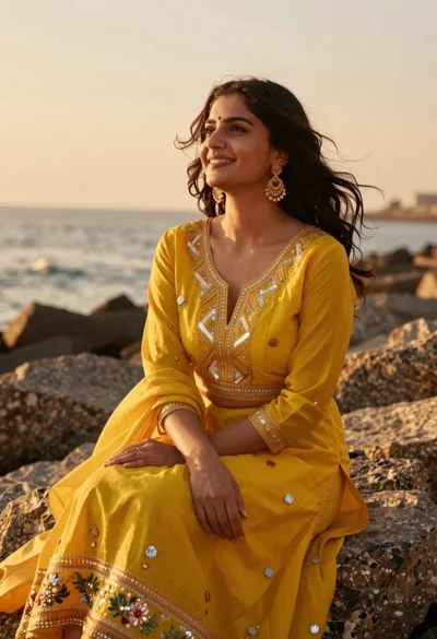 Woman in yellow traditional outfit sitting on rocks by the sea