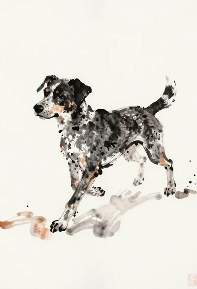 Ink wash painting of a spotted dog in motion