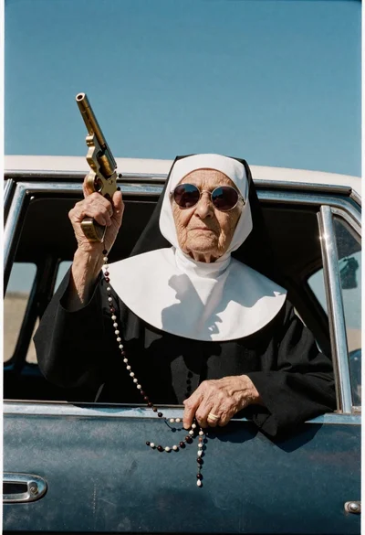 Nun in black habit leaning from open car window