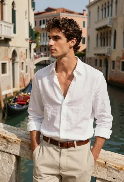 Handsome young man in white linen shirt leaning on stone bridge railing