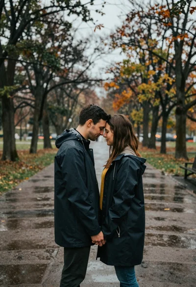 Romantic couple embracing intimately in the rain under autumn trees