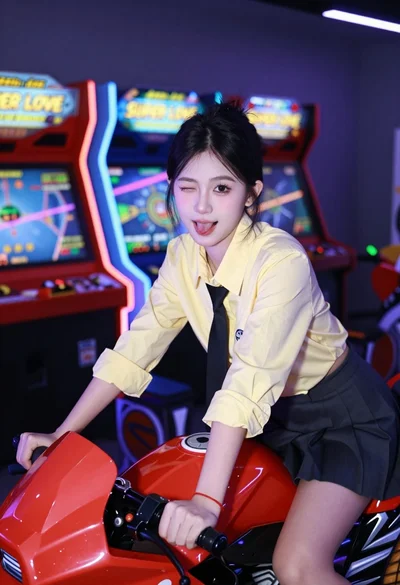 Young east asian woman winking on red motorcycle arcade game in neon