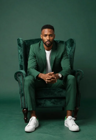 Darkskinned man in emerald suit seated in green armchair