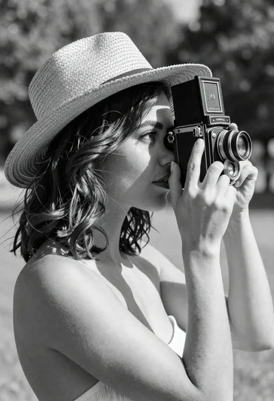Woman in straw hat holding vintage camera in sunny garden