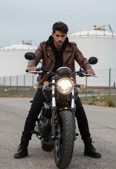 Man on black motorcycle against industrial backdrop
