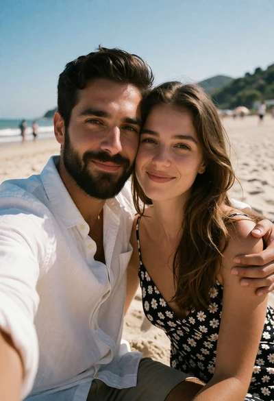 Couple embracing on sunny beach selfie with natural light and smiles