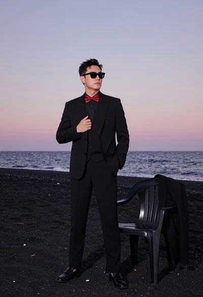 Man in black suit standing on dark volcanic beach at twilight