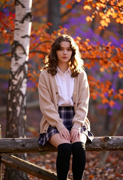 Young woman with brown hair sitting on wooden fence in autumn forest